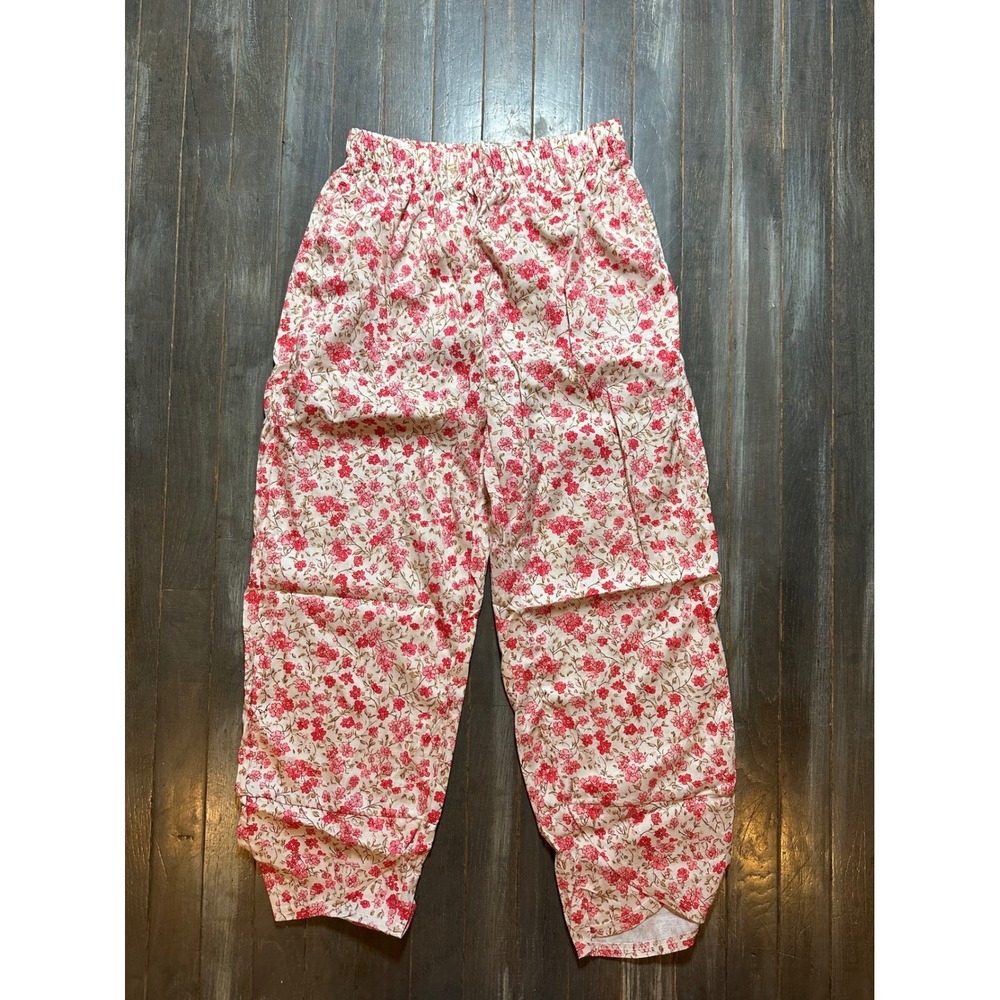 Floral Print Tulip Hem Pants Pink‎ Red Flower Elastic Waist Wide Leg Trousers